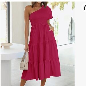 Women's One Shoulder Short Sleeve Smocked Side Split Ruffle Swing Midi Dress